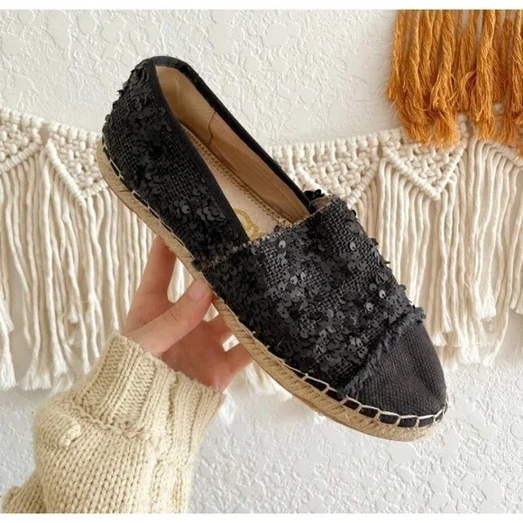 Sam Edelman Espadrille Sequin Detail Black Slip On Flats 8 - Picture 10 of 10